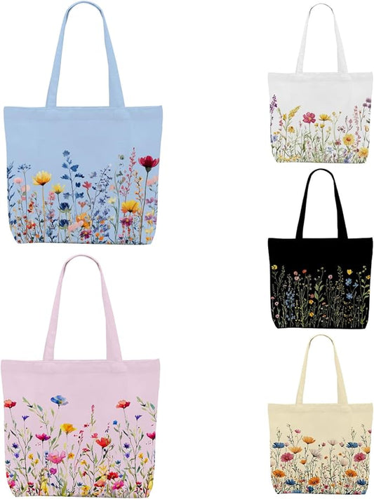 Decohim Multiple Packs Floral Japanese Print Canvas Tote Bag Reusable Grocery Bags Gifts for Women Girls Birthday Christmas