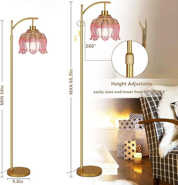 QIYIZM Pink Floor Lamp for Living Room,Bedroom,Glass Gold Dimmable Standing Lamp with Remote,Mid Century Modern Brass Tall Lamp Boho Floor Lamps Arc Stained Tulip Flower Floor Light Lamp Bohemian