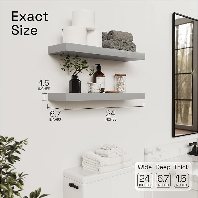 BAOBAB WORKSHOP Wood Floating Shelves for Wall - Rustic Shelf 24 inch - Grey Bathroom Shelves - Solid Wood Shelves for Wall for Bedroom Kitchen Living Room - Gray Shelves - 24 x 6.7 Inch, Set of 2