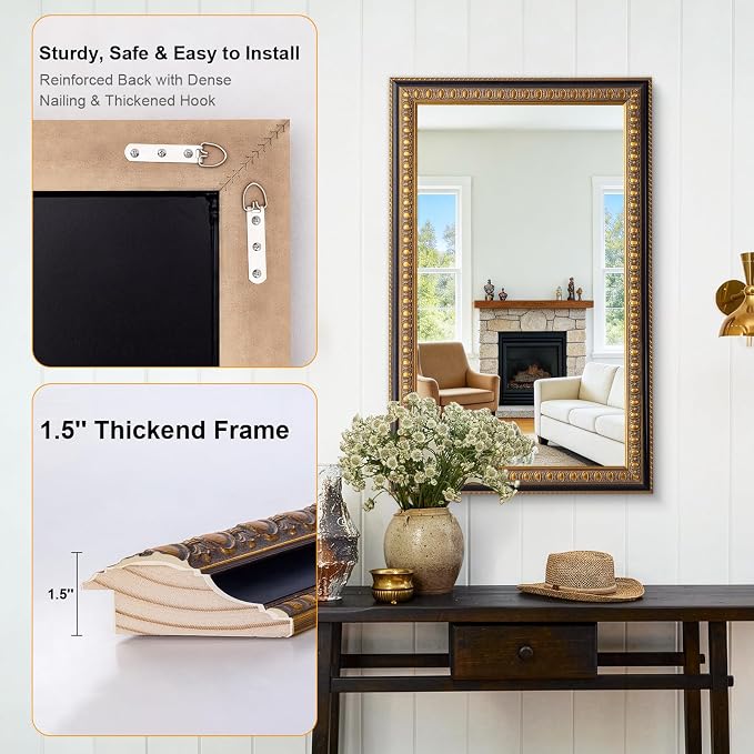 Vintage Gold Mirror for Wall Decor, 43" L x 27" W Baroque Mirror with Carved Frame and Handmade Aged Gold Finish, Rectangular Wood Mirrors for Living Room Bathroom Fireplace