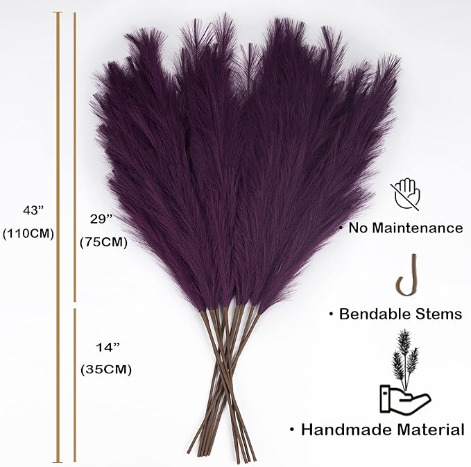 Pampas Grass Decor Tall, 43"/110cm Faux Pampas Grass 6 Stems Large Pompass Grass Branches Tall Bulk Boho Flower Arrangement for Home Room Wedding Party Decor(Purple)