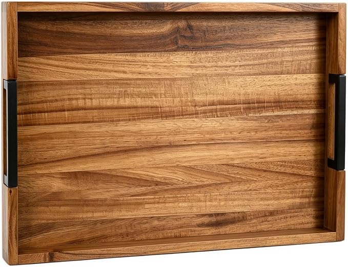 Large Ottoman Tray for Living Room and Coffee Table, Decorative Acacia Wood Serving Tray with Metal Handles for Breakfast in Bed, Dinner Food Kitchen TV (Natural, 20" x 14" x 2")