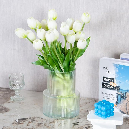 20 Artificial Tulips in Fluted Glass Vase, Waterproof Faux Flowers Bouquet for Wedding Home Office Decor, Table Centerpiece, Housewarming Birthday Gift Set (White)