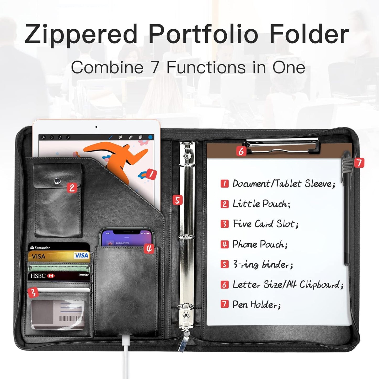 WRIYES Leather Padfolio - Professional Zippered Portfolio Organizer with 3 Ring Binder | Black