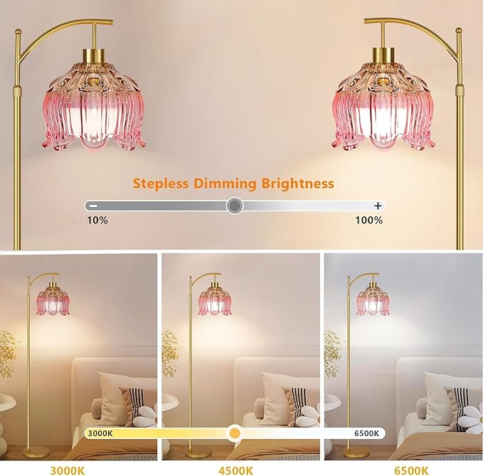 QIYIZM Pink Floor Lamp for Living Room,Bedroom,Glass Gold Dimmable Standing Lamp with Remote,Mid Century Modern Brass Tall Lamp Boho Floor Lamps Arc Stained Tulip Flower Floor Light Lamp Bohemian