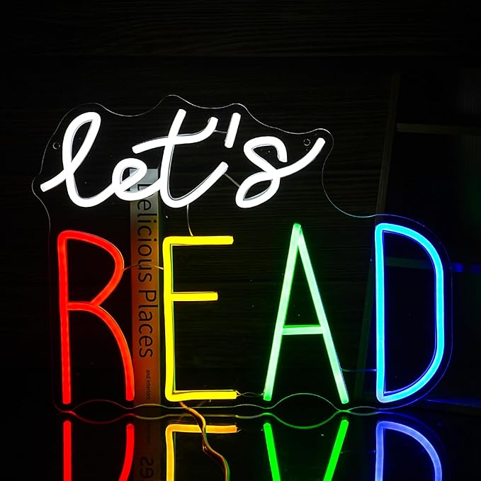Let’s Read Neon Sign Multicolored Reading Led Neon Light Sign for Wall Decor Read Book Led Light Up Sign for Classroom Bookstore Reading Corner Home Wall Neon Decor (Dimmable USB)