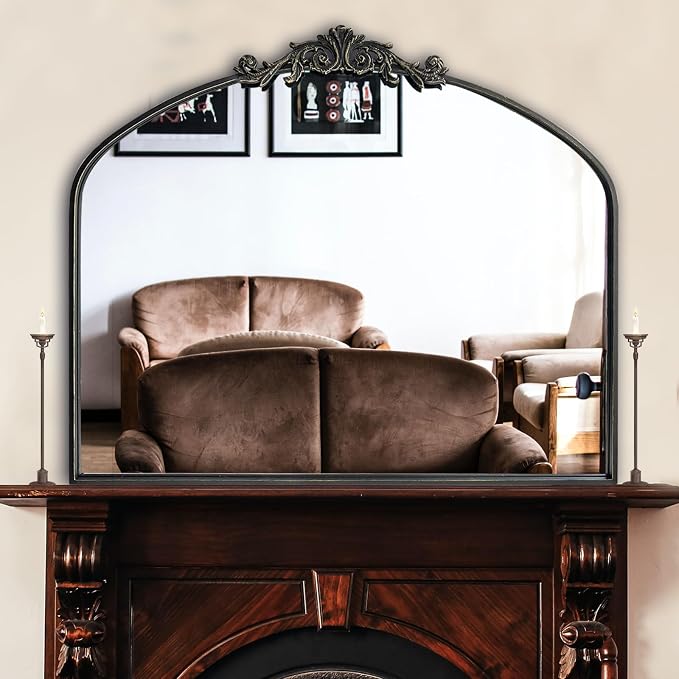 OUSHUAI Black Arched Mirror for Wall,Baroque Fireplace Mirror Decor,Brass Wall Mirror,Ornate Mirrors for Entryway/Bathroom/Living Room/Hallway 36"X30" …