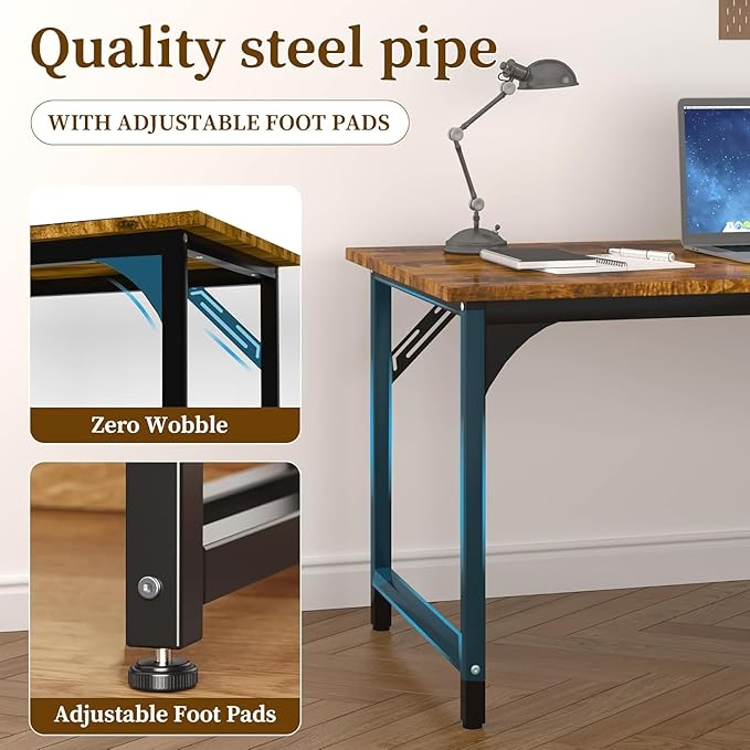 55'' Computer Desk with Deeper Desktop, Home Office Desk Workstation with Sturdy Metal Frame, Modern Simple Desk for Gaming Studying Writing, Rustic Brown