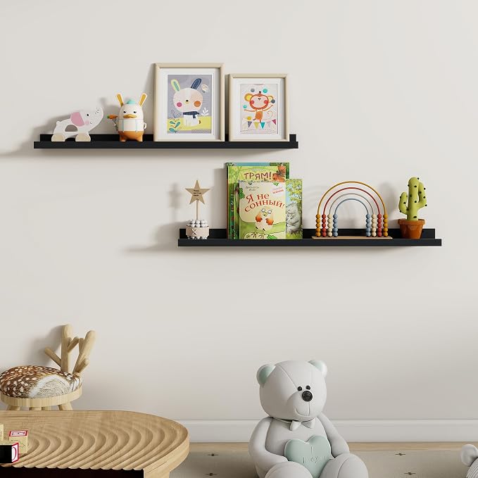 Dreamland Picture Ledge Shelf for Wall, Floating Shelves Set of 2, 36 Inch Long Floating Shelves with Lip for Living Room, Bedroom, Bathroom, Kitchen, Black