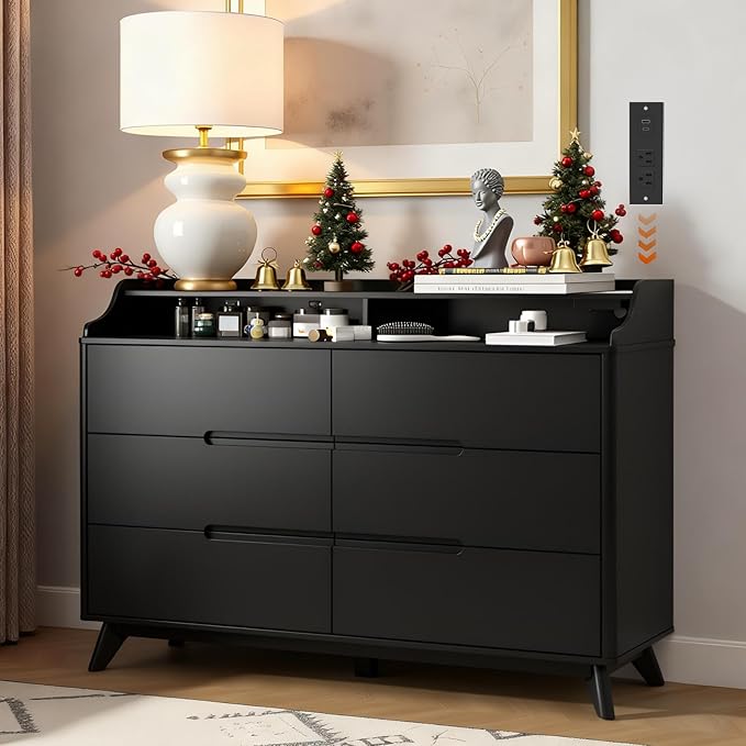 Dresser for Bedroom with 6 Drawers, 55" Large Dresser & Chest of Drawers with Charging Station, Wood Closet Clothes Storage Long Dressers Organizer for Bedroom Living Room Hallway, Black