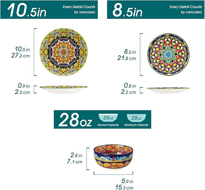 vancasso Plates and Bowls Sets,12-Piece Porcelain Dinnerware Set Service for 4, Bohemian Style Dishes Set for 4, Kitchen Dinner Set, Microwave and Dishwasher Safe, Scratch Resistant, Series KRVI