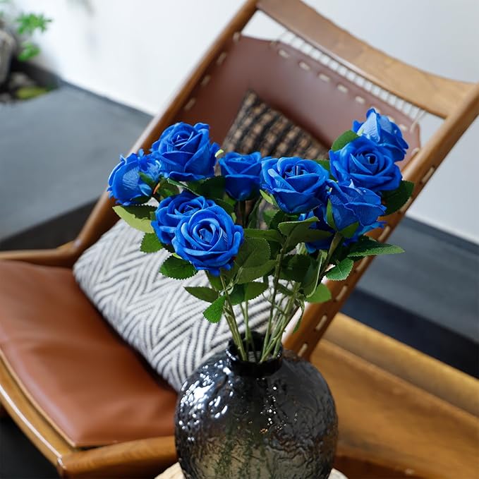 12 Pcs Artificial Rose Flowers, Silk Roses with Long Stems, Realistic Fake Roses for Wedding Centerpiece Party Home and Office DIY Decor, Blue