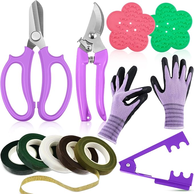 WILLBOND Floral Arrangement Kit, Christmas Rose Thorn Stripper Tool Garden Pruning Shears Scissors Rose Thorn Remover Pruner Trimmer Gloves Tapes Florist Garden Tool Gift Kit for Women(Purple)