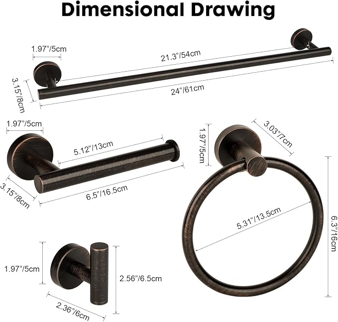Oil Rubbed Bronze Bathroom Hardware Accessories Set 5 Piece, Stainless Steel Towel Bar Set 24 Inch,Toilet Paper Holder,Towel Ring Holder,Towel Rack Set,Brushed Bronze Bathroom Accessories Kit