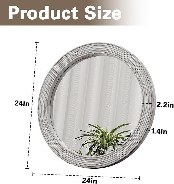 ULIKE Round Mirror for Bathroom 24x 24 Inch, Farmhouse Rustic Wood Frame Wall Mirror, White Vanity Circle Mirror for Bedroom Living Room Entryway Decor