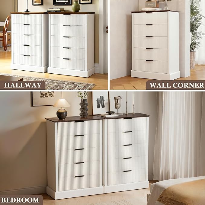 Dresser for Bedroom with 5 Fluted Drawers, 31.5" Wide Chest of Drawers with Mid-Century Design, Wood Dresser for Closet with Metal Handle, White