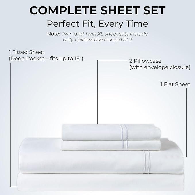 100% Natural Cotton Bed Sheets | 500 TC Single-Ply Sateen Weave Full Size Sheets | Soft, Breathable, Hypoallergenic Solid 4-Piece Bedding with Deep Pocket Fitted, Flat, Pillowcase | White