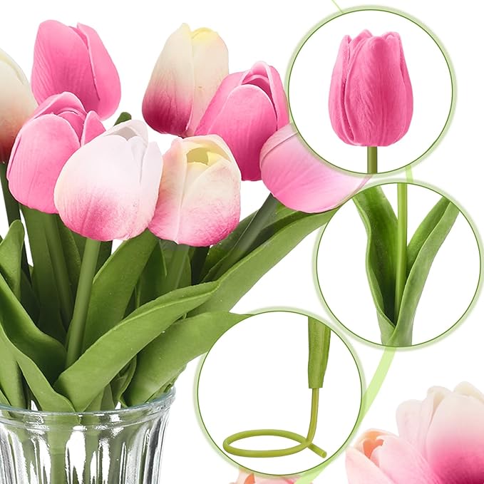 Janinka 60pcs Artificial Tulip Flowers Fake PU Tulips Faux Latex Bouquet Flower Centerpieces Arrangement Floral for Mother Day Wedding Spring Decorations (Pink)
