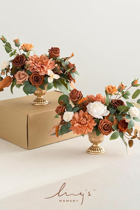 Ling's moment Terracotta Artificial Flowers with Vase Wedding Table Decor Bouquet Centerpiece Flower Potted for Ceremony Reception Desk Flowers Mantel Archway Aisle, Orange Fake Flowers Set of 2