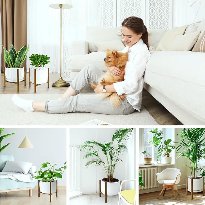Airpark Adjustable Plant Stand Indoor, Metal Mid Century Modern Plants Stands, Stable Plant Holder Indoor Outdoor Corner, Fit 8 9 10 11 12 inch Pots,Brown Wood-Grain (Pot & Plant Not Included)