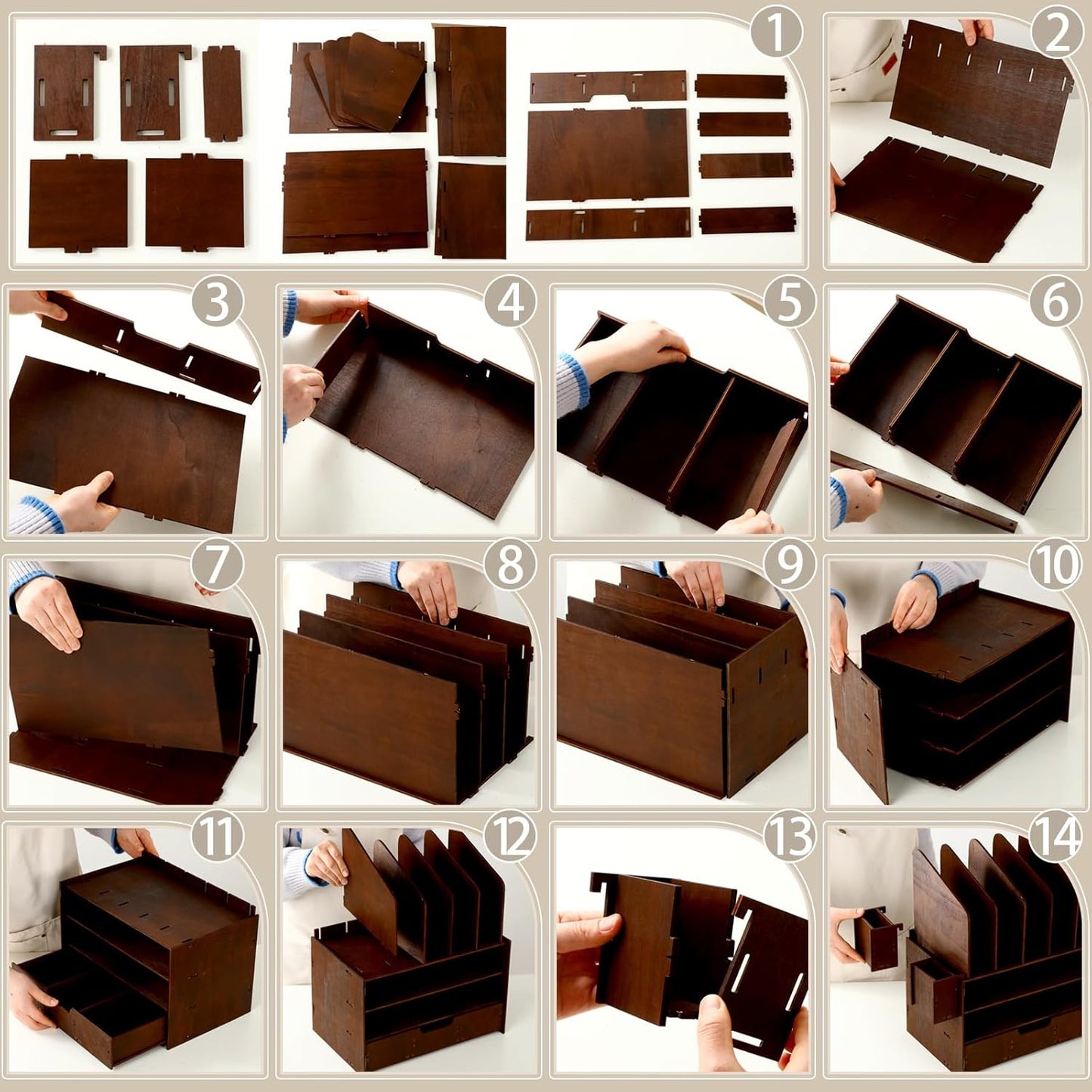 Wonderjune 4-Tier Wooden Desk File Organizer - Multifunctional Office Accessories with 5 Vertical Holders & Drawer