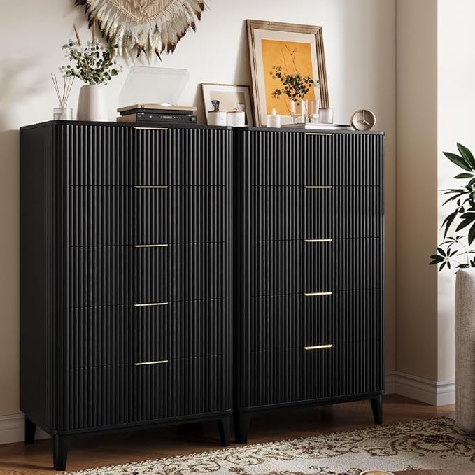 Fluted Dresser for Bedroom with 5 Drawers Set of 2, 45" Large Closet Clothes Wood Tall Dresser Storage Organizer, Mid Century Modern Chest of Drawers with Deep Storage Black
