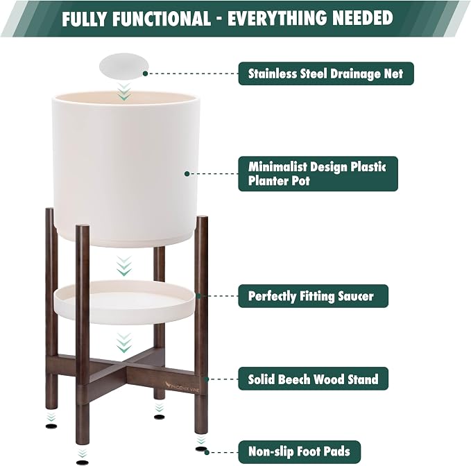 D'vine Dev Planter Pot with Stand - 16 Inch Plastic Cylinder Flower Pot with Wood Planter Holder for Indoor, Oatmeal Pot + Walnut Color Stand, 55-C-X-4