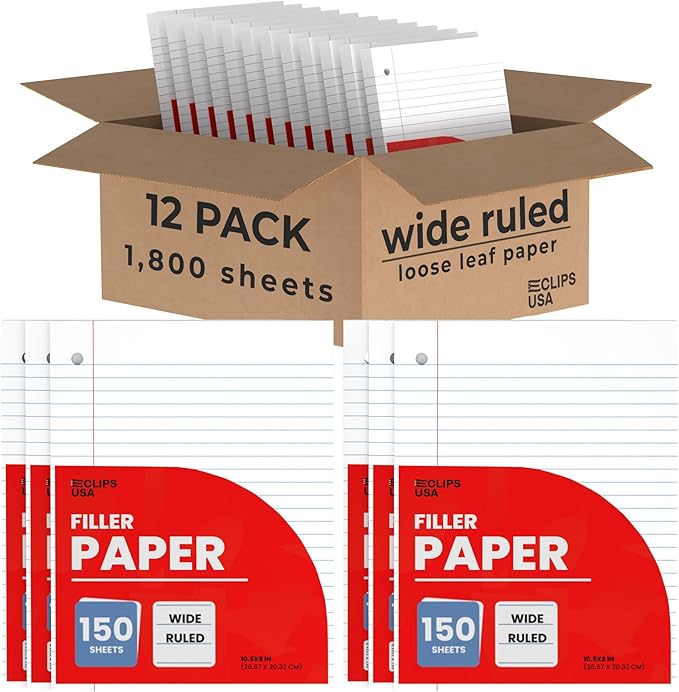 Wide Ruled Loose Leaf Paper Wide Ruled Notebook Paper Lined Writing Filler Paper 10.5” x 8” 56 gsm 1800 Sheets 150 Sheet Per Pack (12 Pack)