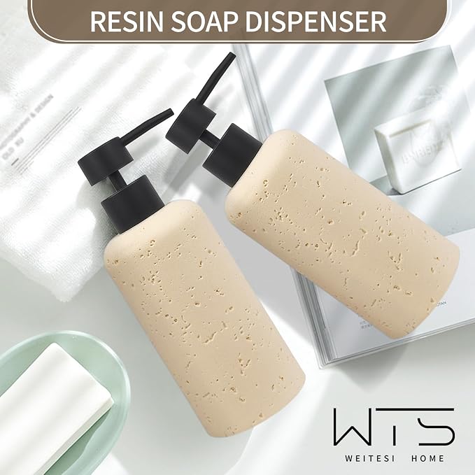 2 PCS Resin Soap Dispensers 11oz, Refillable Luxurious Hand Dish Lotion Shampoo Soap Dispenser Jar with Rust Proof Pump 340ml, Travertine Soap Pump Bottle for Kitchen Bathroom Countertop (Cream)