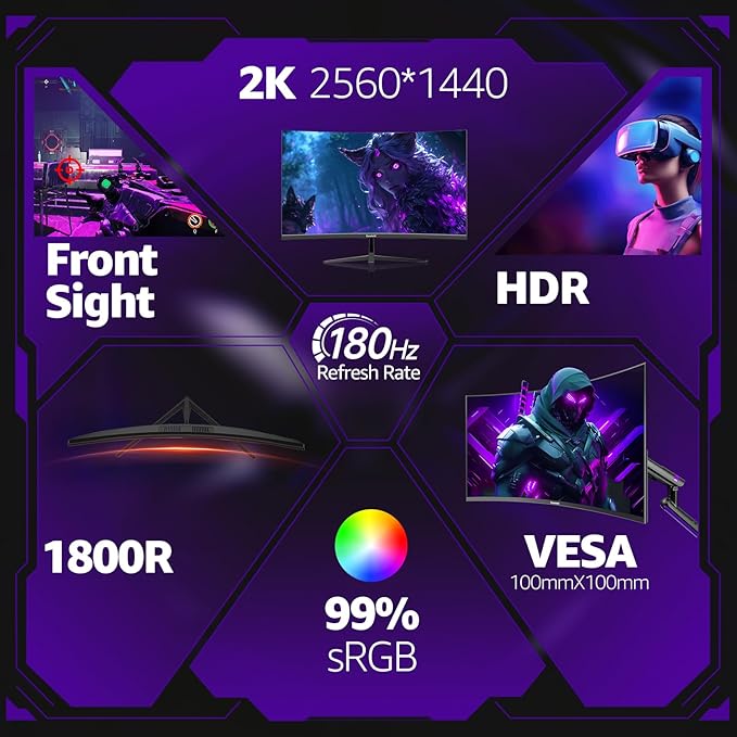 Gawfolk 32 Inch Curved Gaming Monitor, 180Hz QHD (2560x1440) 2K Computer Monitor with FreeSync, DisplayPort, HDMI, Wall Mountable, Eye Care for Home Office & Gaming
