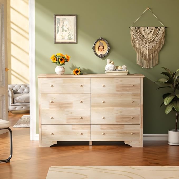 VINGLI 55" W Solid Wood Dresser 8 Drawer, Unfinished Chest for Color DIY, 55.1" W*17.72" D*37" H