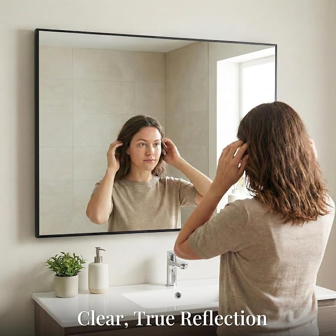 48"x36" Black Landscape Bathroom Mirror for 48-60 inch Vanity, Shatterproof Tempered Glass, Narrow Metal Frame, Large Mantle Mirror