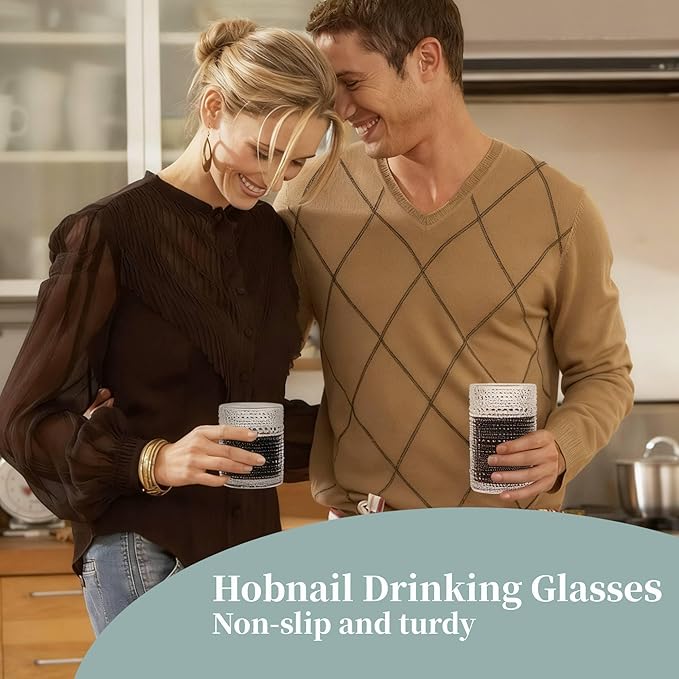 Blue Hobnail Drinking Glasses Set of 8, 15 oz Vintage Highball Glassess & 12 oz Cocktail Glasses, Drinkware Kitchen Glasses for Cocktail, Iced Coffee, Beer, Ice Tea, Wine, Whiskey, Water