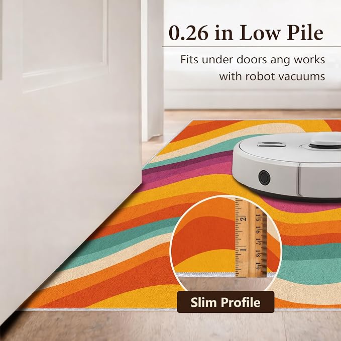 Retro 70s Area Rug 3x5, Mid Century Modern Abstract Wavy Carpet, Colorful Rainbow Swirl Rug for Living Room Bedroom Office, Non-Slip Washable Indoor Floor Mat