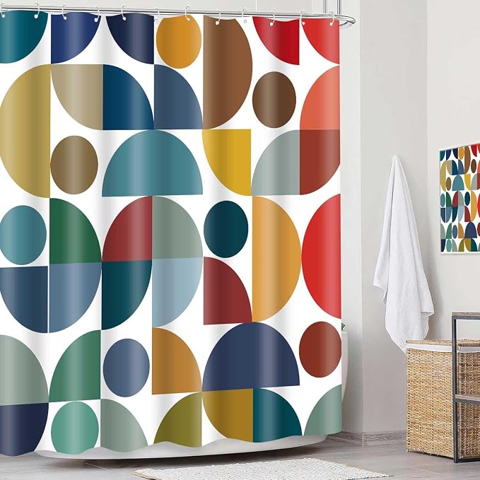 Colorful Mid Century Modern Shower Curtain Vintage Rainbow Boho Abstract Geometric Art Bathroom Curtain Decor 72x72 Inch Washable Fabric Retro Bright Cute Circle Patterned Bath Curtain with 12 Hooks