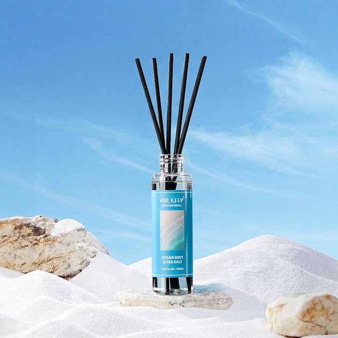 Airkeep Reed Diffuser Set,1.69 fl oz (100 ml) - Ocean Mist&Sea Salt Oil Diffusers with 8 Reed Sticks,Home Fragrance Reed Diffuser for Bathroom Shelf Decor