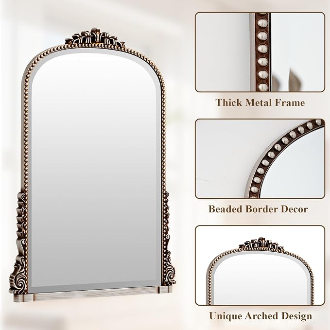 28"×40" Silver Wide Arched Wall Mirror, Vintage Carving Bathroom Vanity Makeup Mirror, as Wall Decor Hanging Leaning for Fireplace Mantle, Living Room, Bedroom, Vanity Area