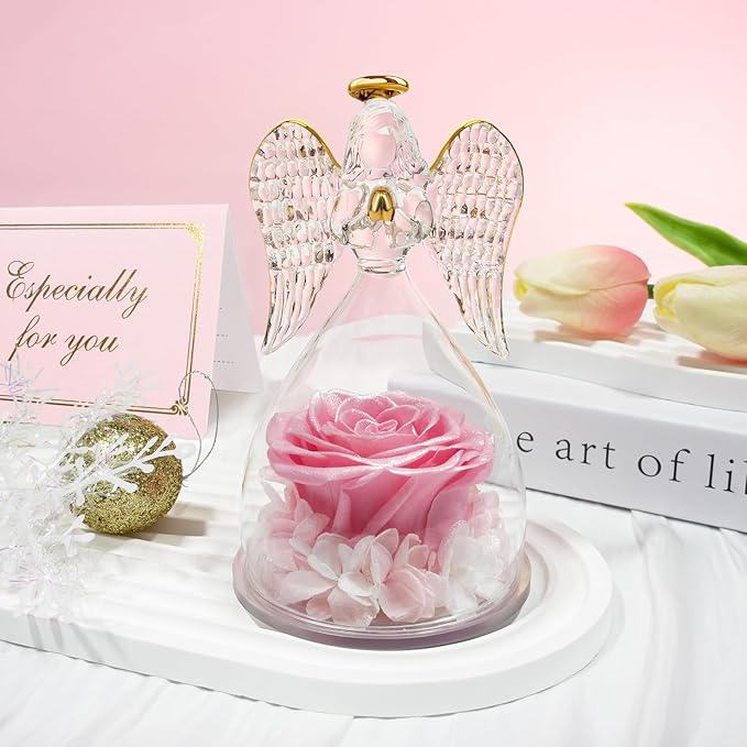 Sunia Preserved Flower Rose Gift for Women - Mother's Day Birthday Gifts for Mom Wife Grandma, Glass Angel Figurines Forever Real Roses Gifts for Her Valentine Day Thanksgiving﻿ (Sparkling Pink)