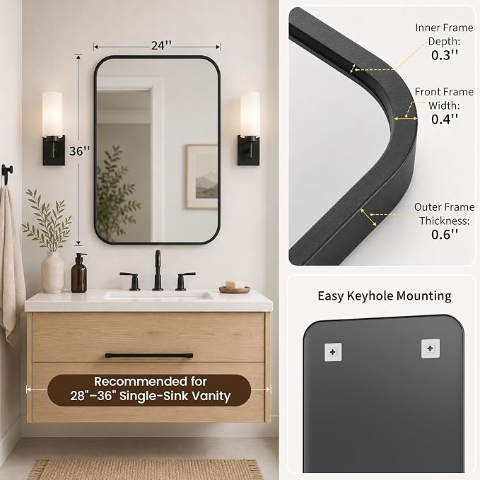 24x36 Inch Matte Black Bathroom Vanity Mirrors | Flush Mount Deep Set Metal Wall Mirror for Over Sink | HD Shatterproof Glass, Rustproof | 1 Pack