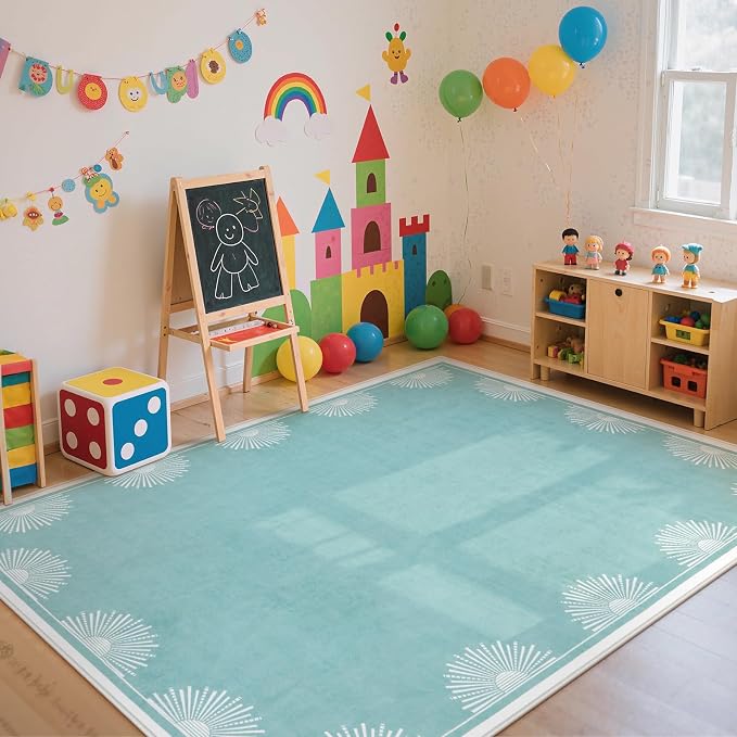 Hedlive Washable 5x7 Nursery Rug, Soft Low Pile Toddler Bedroom Area Rug, Aqua Sun Printed Carpets for Boys Girls Kids Baby Room Playroom Classroom Dorm Living(5'x7',Baby Blue)