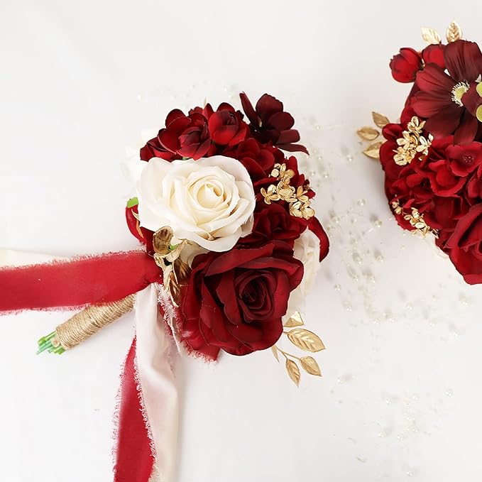 Set of 6 Bridesmaid Bouquets for Wedding - 9 Inch Luxury Artificial Flowers Bouquets for Ceremony Anniversary Centerpieces Decorations - Burgundy & Gold & White