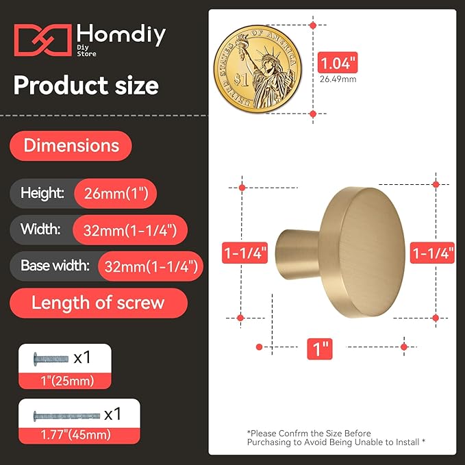 homdiy 5 Pack Champagne Bronze Cabinet Knobs Round Kitchen Handles Zinc Alloy Metal Hardware for Dresser Drawer Desk Cupboard