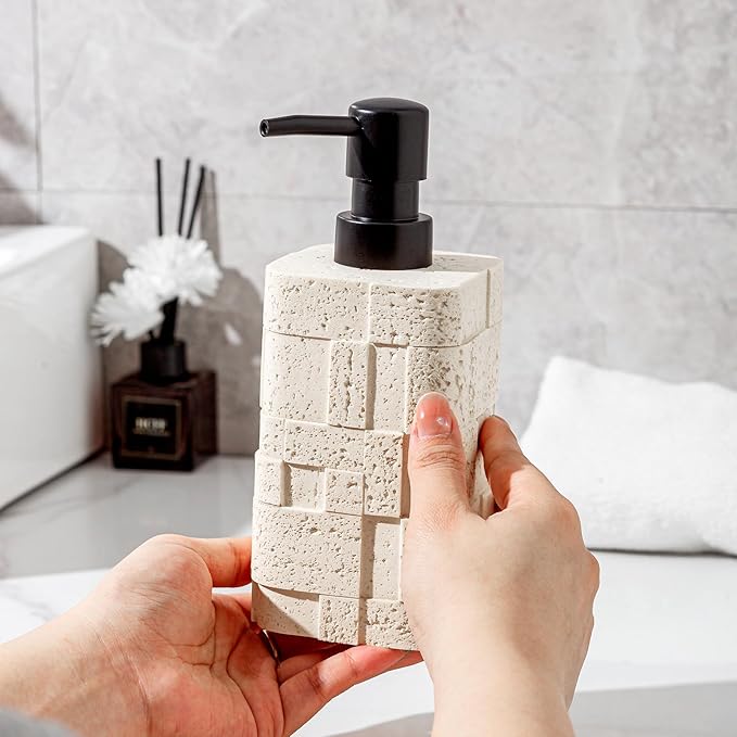 Soap Dispensers 400mL 13.5 OZ, 2 PCS Luxurious Hand Dish Lotion Shampoo Soap Dispenser Jar, Travertine Stone Look Soap Pump Bottles for Kitchen Bathroom Countertop (White)