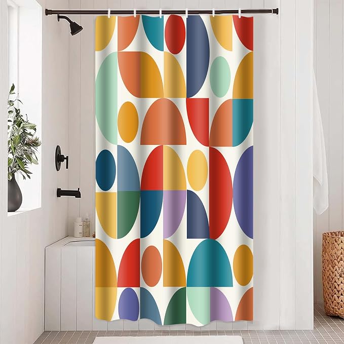 Vintage Colorful Rainbow Mid Century Shower Curtain Modern Abstract Geometric Art Bathroom Curtain Decor 36x72 Inch Washable Fabric Bright Retro Boho Circle Patterned Bath Curtain with 6 Hooks