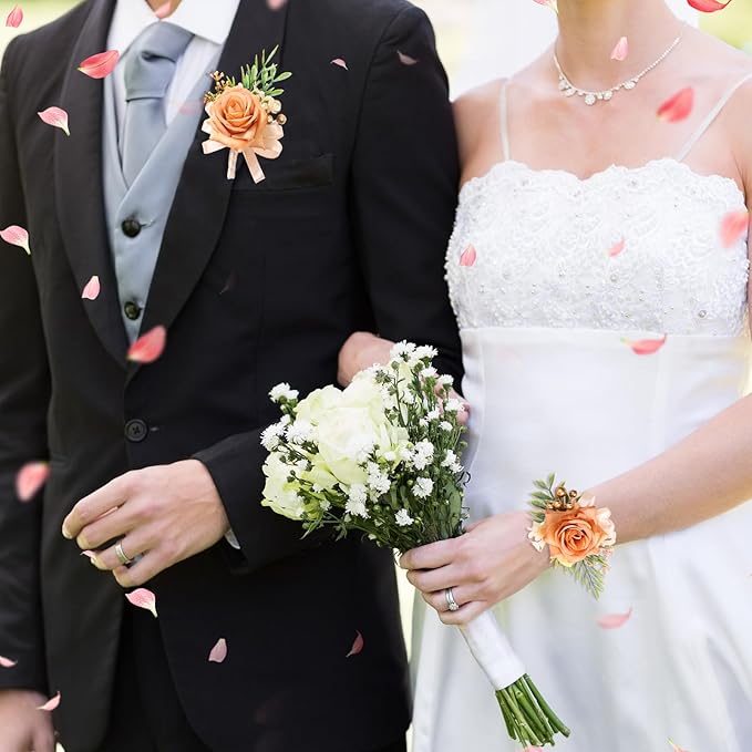 2 Pcs Rose Wrist Corsage and Boutonniere Set, Rose Corsage Hand for Women, Boutonniere for Men Wedding Artificial Flowers Accessories Prom Decor, Wedding Party Accessories (Orange)