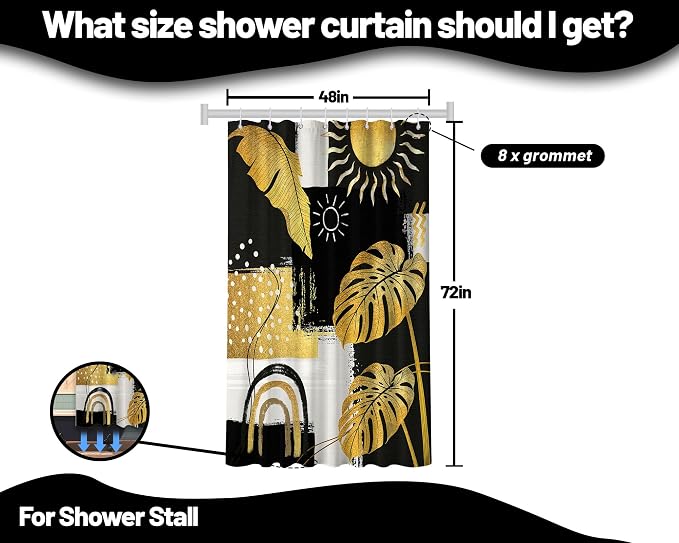 Small Stall Narrow Black and Gold Shower Curtain Boho Stand Up Abstract Dark Mens Shower Curtains for Rv Camper Bathroom Decor Sets, Waterproof Cloth Fabric with Hooks, 48 x 72 Inch