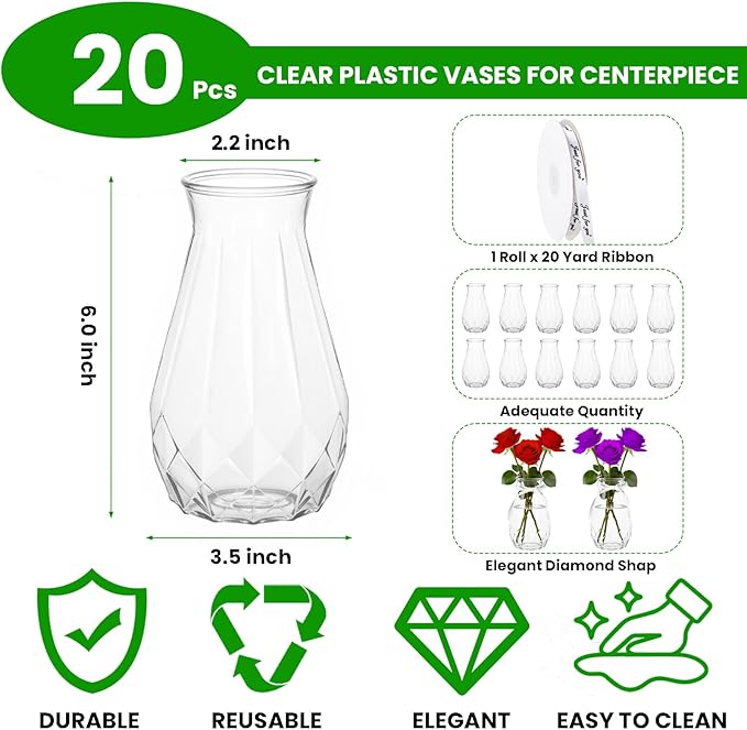 20 Pack Plastic Vases, 6 Inch Bulk Clear Acrylic Vase with Wrapping Ribbon, Small Plastic Vases for Centerpiece Flowers Home Wedding Party Decorations