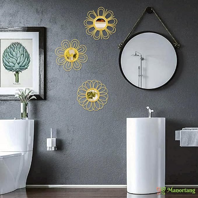 Gold Mirrors 3 Piece, 9 inch Flower-Shaped Mirror Hanging Wall Decor, Valentine Decorative Mirror Wall Art, Round Mirrors for Bedroom,Living Room,Bathroom, House Warming Valentine Gifts