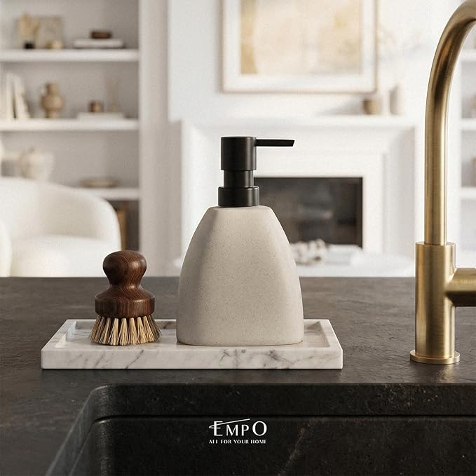 EMPO Ceramic Hand Soap Dispenser with Matte Black Pump, Stone-Textured Wabi-Sabi Liquid Dispenser for Bathroom Vanity and Kitchen Sink (360ml)