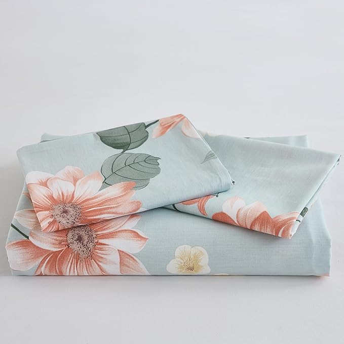 Blue Floral Duvet Cover Queen Size 100% Soft Cotton 3 Pieces French Country Chic Garden Style Luxury Blossom Floral Vibrant Pattern Reversible Flower Duvet Cover with Zipper Closure